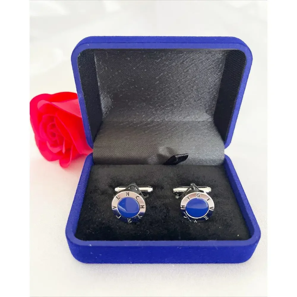 GIVENCHY Cufflinks Round Blue Enamel Polished Silver Tone Frame Brand Logo